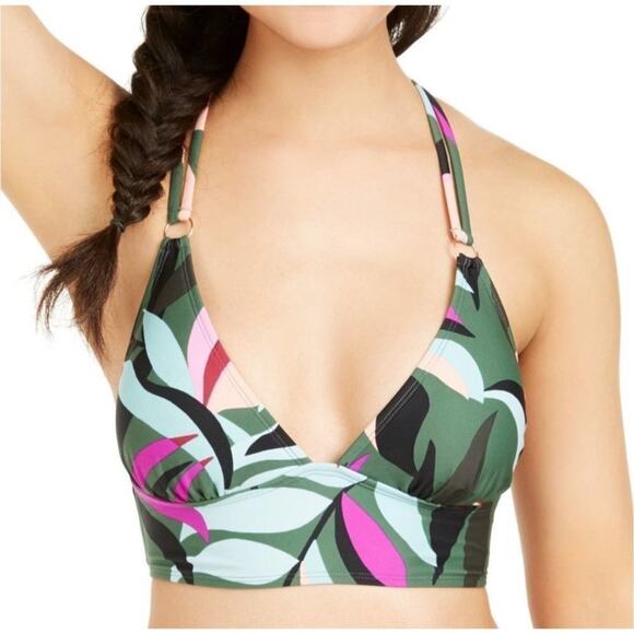 Hula Honey Tropical Print Stretch Strappy Deep V-Neck Hyper Tropics Bikini Top - Picture 1 of 6
